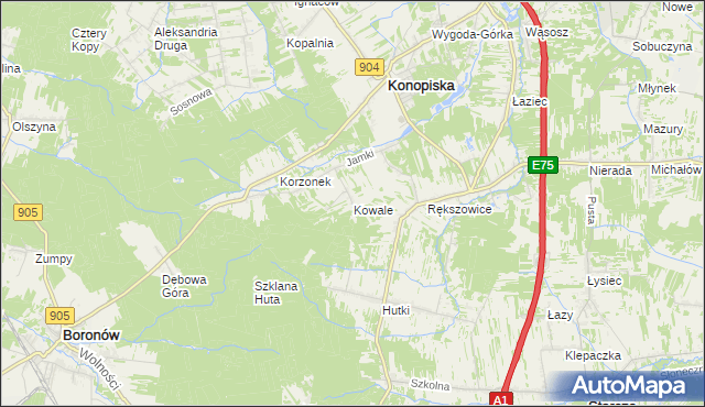 mapa Kowale gmina Konopiska, Kowale gmina Konopiska na mapie Targeo