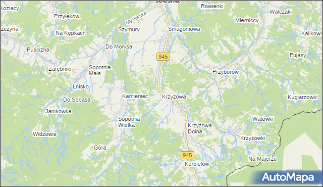 mapa Krzyżowa gmina Jeleśnia, Krzyżowa gmina Jeleśnia na mapie Targeo