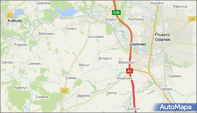 mapa Borzęcin gmina Pruszcz Gdański, Borzęcin gmina Pruszcz Gdański na mapie Targeo