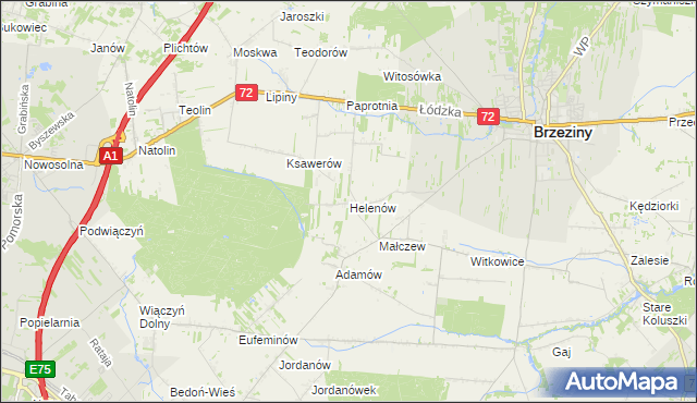 mapa Helenów gmina Brzeziny, Helenów gmina Brzeziny na mapie Targeo