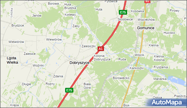 mapa Kolonia Dobryszyce, Kolonia Dobryszyce na mapie Targeo