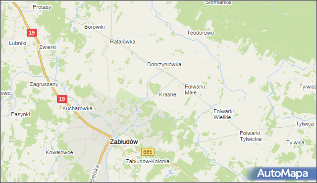 mapa Krasne gmina Zabłudów, Krasne gmina Zabłudów na mapie Targeo