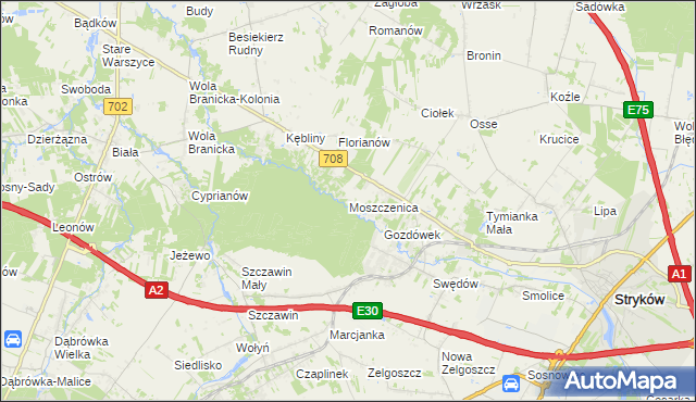 mapa Moszczenica gmina Zgierz, Moszczenica gmina Zgierz na mapie Targeo