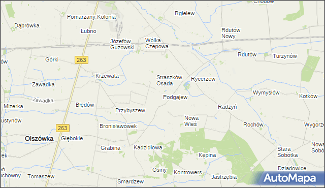 mapa Podgajew gmina Kłodawa, Podgajew gmina Kłodawa na mapie Targeo