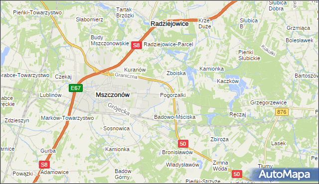 mapa Pogorzałki gmina Mszczonów, Pogorzałki gmina Mszczonów na mapie Targeo