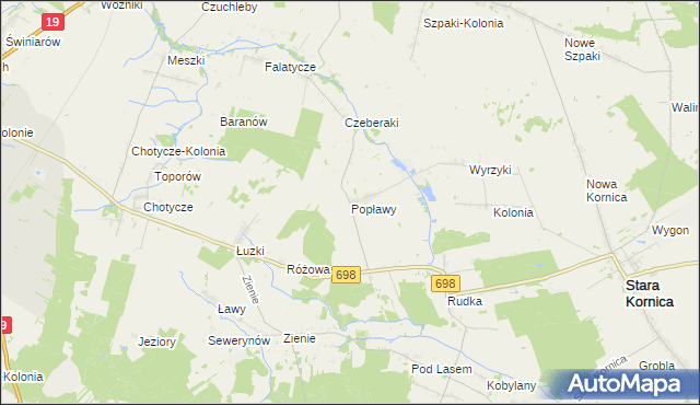 mapa Popławy gmina Stara Kornica, Popławy gmina Stara Kornica na mapie Targeo