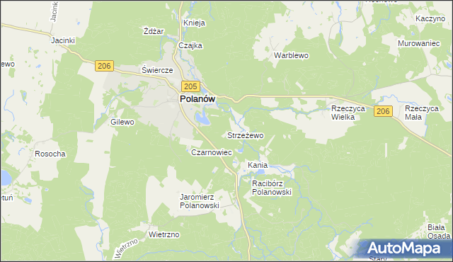 mapa Strzeżewo gmina Polanów, Strzeżewo gmina Polanów na mapie Targeo