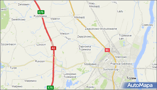 mapa Dąbrówka Tczewska, Dąbrówka Tczewska na mapie Targeo