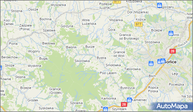 mapa Bystra gmina Gorlice, Bystra gmina Gorlice na mapie Targeo