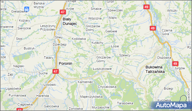 mapa Gliczarów Górny, Gliczarów Górny na mapie Targeo