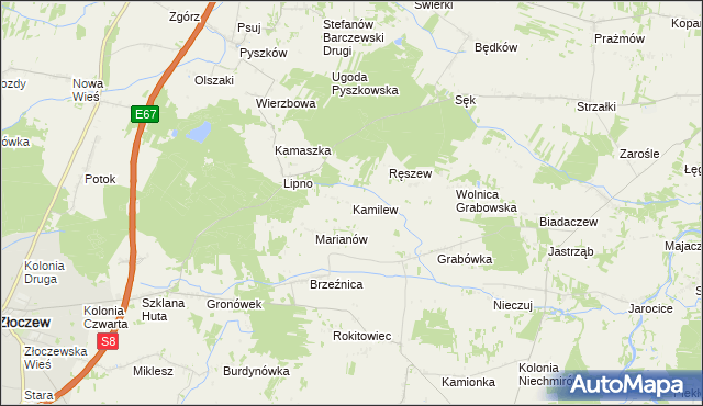mapa Kamilew gmina Burzenin, Kamilew gmina Burzenin na mapie Targeo