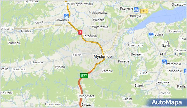mapa Myślenice, Myślenice na mapie Targeo