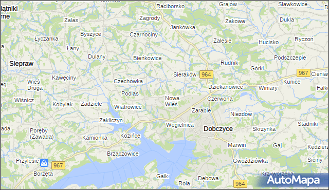 mapa Nowa Wieś gmina Dobczyce, Nowa Wieś gmina Dobczyce na mapie Targeo