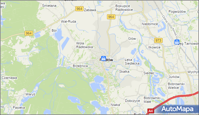 mapa Radłów powiat tarnowski, Radłów powiat tarnowski na mapie Targeo