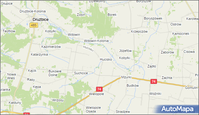 mapa Hucisko gmina Drużbice, Hucisko gmina Drużbice na mapie Targeo