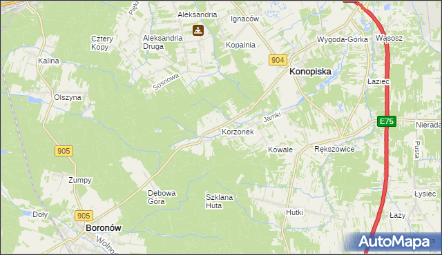 mapa Korzonek gmina Konopiska, Korzonek gmina Konopiska na mapie Targeo