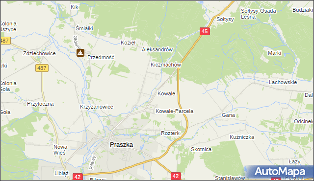 mapa Kowale gmina Praszka, Kowale gmina Praszka na mapie Targeo