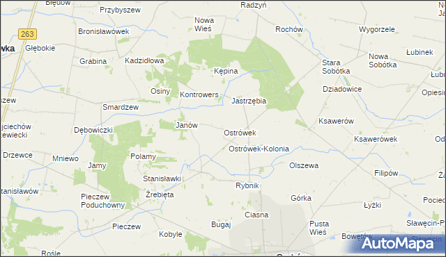 mapa Ostrówek gmina Grabów, Ostrówek gmina Grabów na mapie Targeo