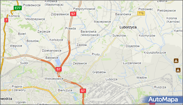mapa Prusy gmina Kocmyrzów-Luborzyca, Prusy gmina Kocmyrzów-Luborzyca na mapie Targeo