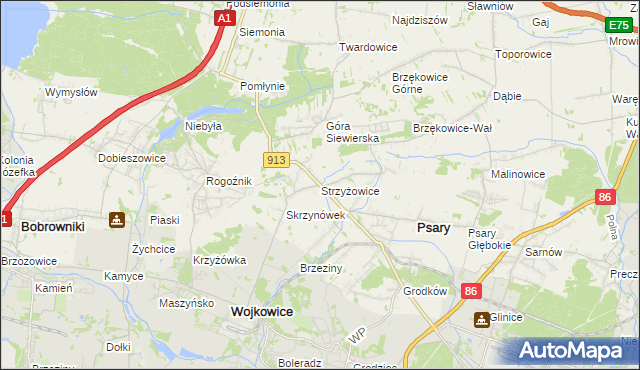 mapa Strzyżowice gmina Psary, Strzyżowice gmina Psary na mapie Targeo