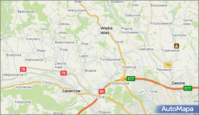 mapa Tomaszowice gmina Wielka Wieś, Tomaszowice gmina Wielka Wieś na mapie Targeo