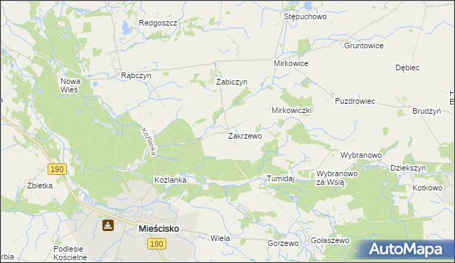 mapa Zakrzewo gmina Mieścisko, Zakrzewo gmina Mieścisko na mapie Targeo