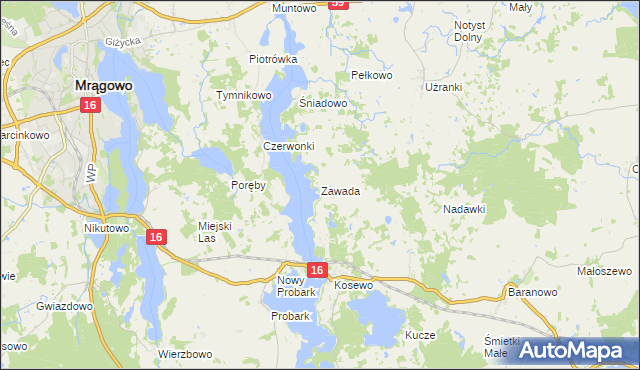 mapa Zawada gmina Mrągowo, Zawada gmina Mrągowo na mapie Targeo