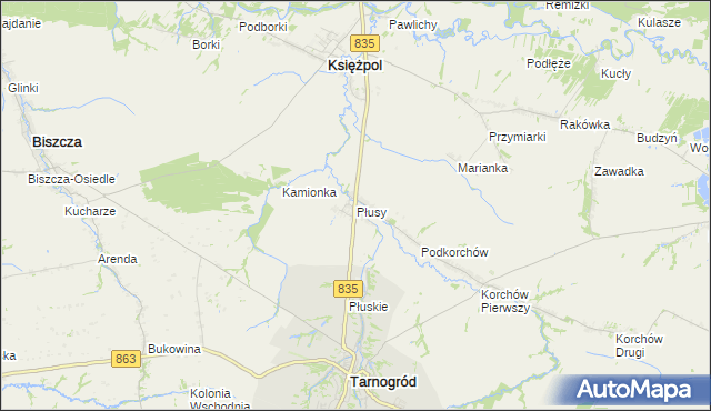 mapa Płusy gmina Księżpol, Płusy gmina Księżpol na mapie Targeo