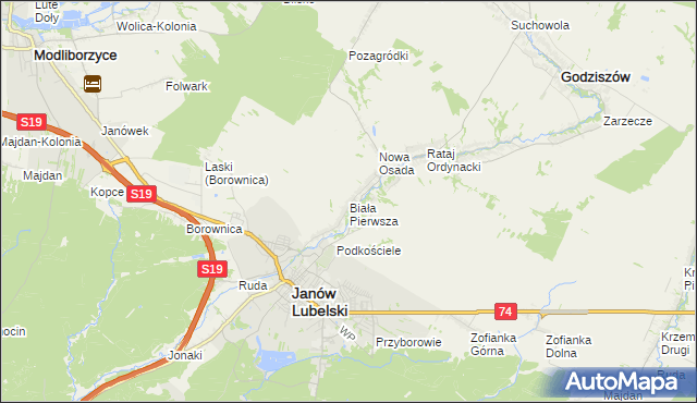 mapa Biała Pierwsza gmina Janów Lubelski, Biała Pierwsza gmina Janów Lubelski na mapie Targeo