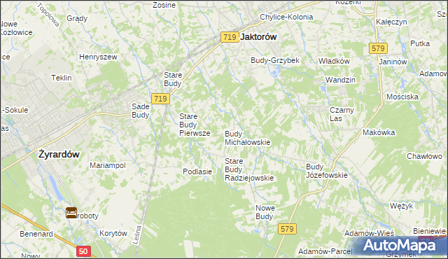 mapa Budy Michałowskie gmina Jaktorów, Budy Michałowskie gmina Jaktorów na mapie Targeo