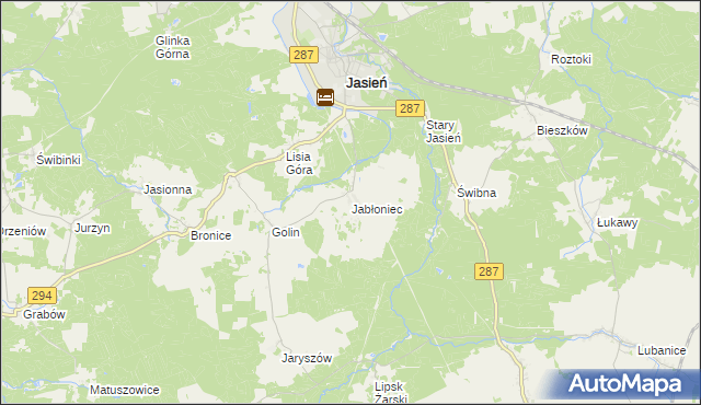 mapa Jabłoniec gmina Jasień, Jabłoniec gmina Jasień na mapie Targeo