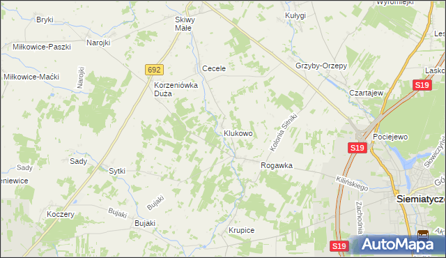mapa Klukowo gmina Siemiatycze, Klukowo gmina Siemiatycze na mapie Targeo