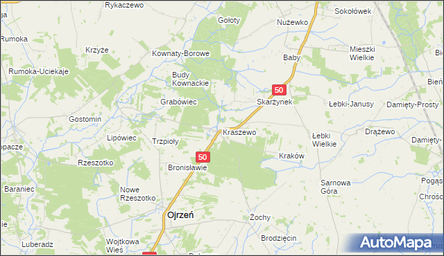 mapa Kraszewo gmina Ojrzeń, Kraszewo gmina Ojrzeń na mapie Targeo