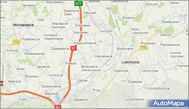 mapa Maciejowice gmina Kocmyrzów-Luborzyca, Maciejowice gmina Kocmyrzów-Luborzyca na mapie Targeo