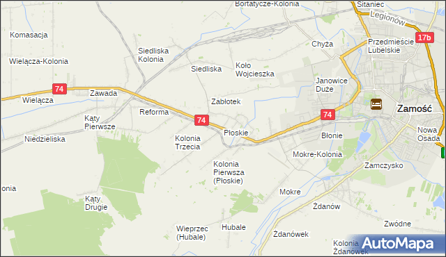 mapa Płoskie gmina Zamość, Płoskie gmina Zamość na mapie Targeo