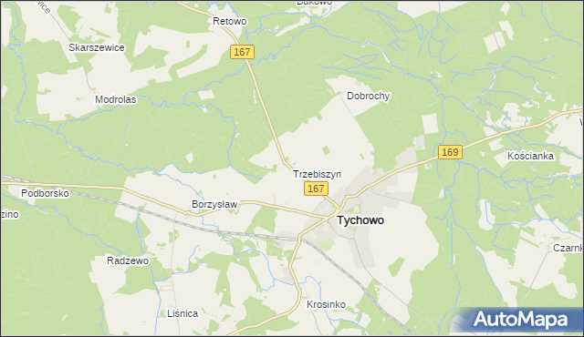 mapa Trzebiszyn gmina Tychowo, Trzebiszyn gmina Tychowo na mapie Targeo