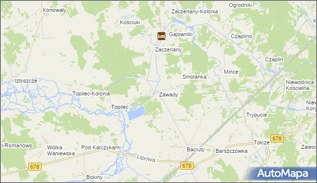 mapa Zawady gmina Turośń Kościelna, Zawady gmina Turośń Kościelna na mapie Targeo