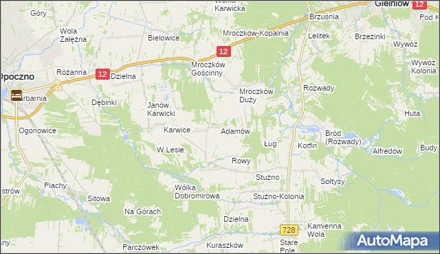 mapa Adamów gmina Opoczno, Adamów gmina Opoczno na mapie Targeo