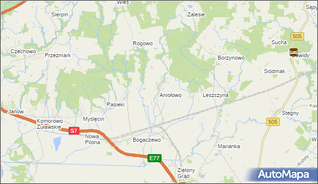 mapa Aniołowo gmina Pasłęk, Aniołowo gmina Pasłęk na mapie Targeo