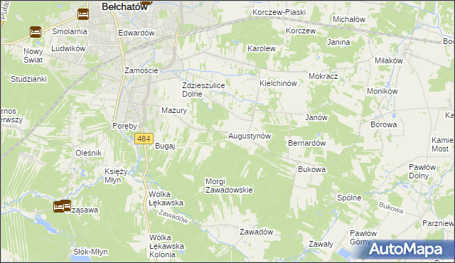 mapa Augustynów gmina Bełchatów, Augustynów gmina Bełchatów na mapie Targeo