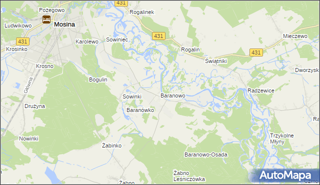 mapa Baranowo gmina Mosina, Baranowo gmina Mosina na mapie Targeo