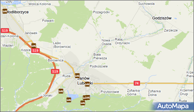 mapa Biała Druga gmina Janów Lubelski, Biała Druga gmina Janów Lubelski na mapie Targeo