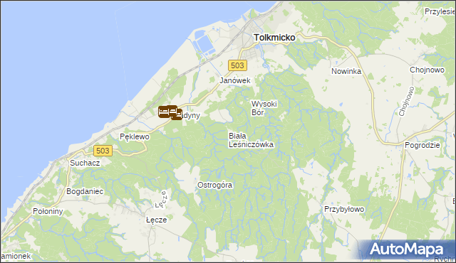 mapa Biała Leśniczówka gmina Tolkmicko, Biała Leśniczówka gmina Tolkmicko na mapie Targeo