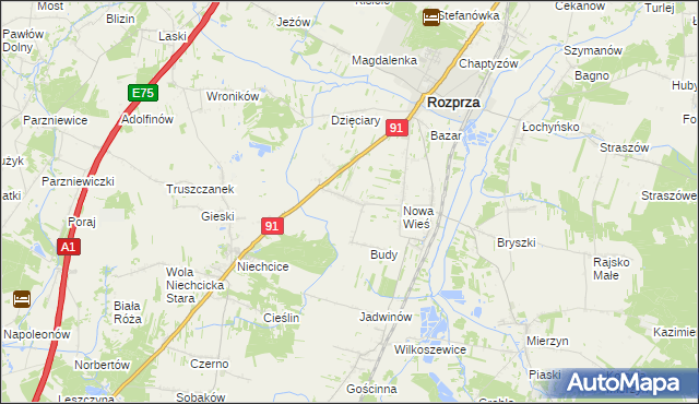 mapa Białocin gmina Rozprza, Białocin gmina Rozprza na mapie Targeo