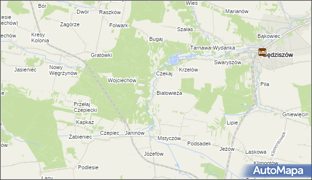 mapa Białowieża gmina Sędziszów, Białowieża gmina Sędziszów na mapie Targeo