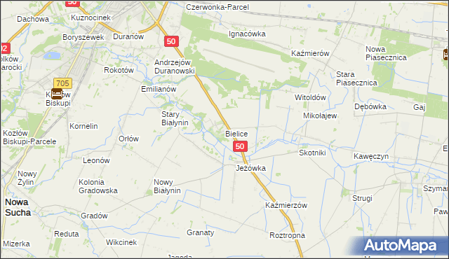 mapa Bielice gmina Sochaczew, Bielice gmina Sochaczew na mapie Targeo