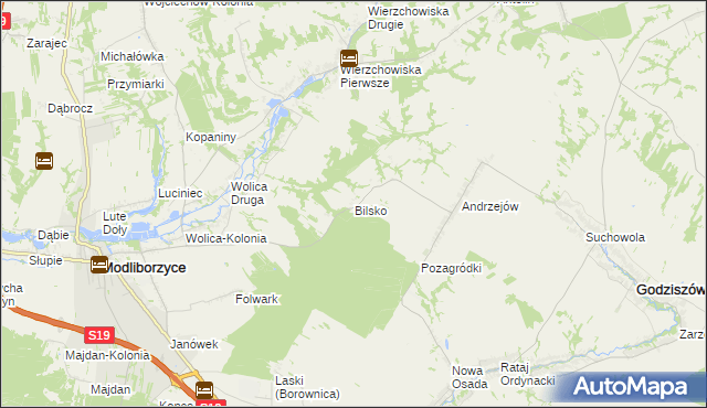 mapa Bilsko gmina Modliborzyce, Bilsko gmina Modliborzyce na mapie Targeo