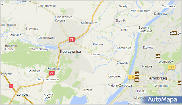 mapa Błonie gmina Koprzywnica, Błonie gmina Koprzywnica na mapie Targeo