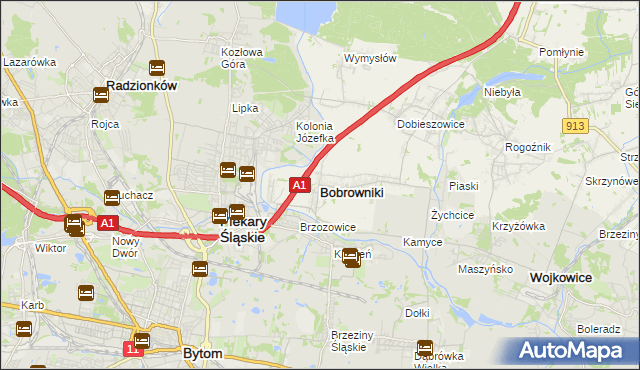 mapa Bobrowniki powiat będziński, Bobrowniki powiat będziński na mapie Targeo