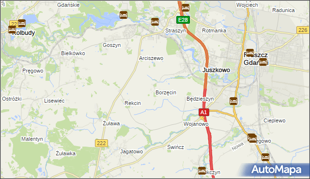 mapa Borzęcin gmina Pruszcz Gdański, Borzęcin gmina Pruszcz Gdański na mapie Targeo